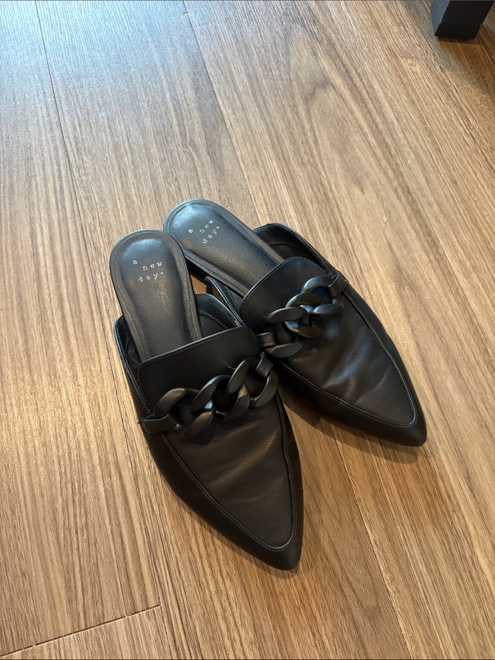 a new day Black Pointed Faux-Leather Chain-Trim Mules